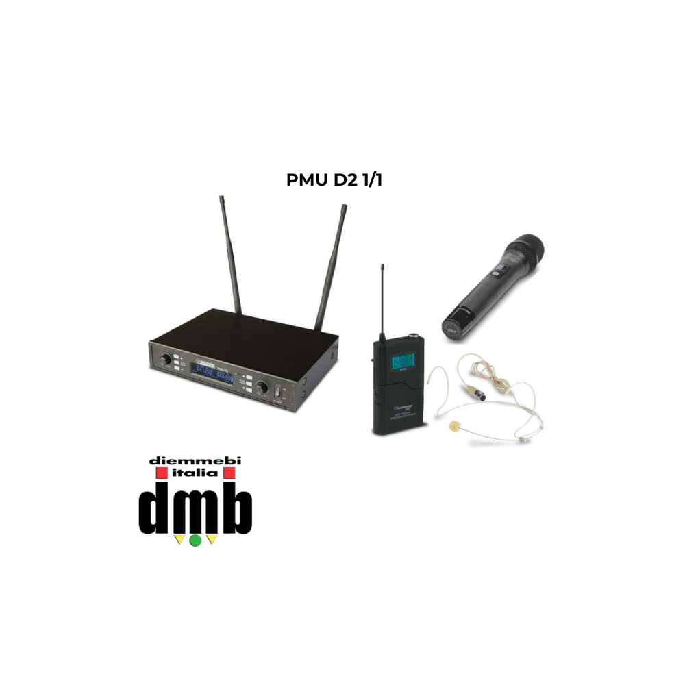 PMU D2 1/1 - AUDIO DESIGN PRO - Radiomicrofono True Diversity a 2 canali UHF con 1 microfono a gelato e 1 body pack con archetto