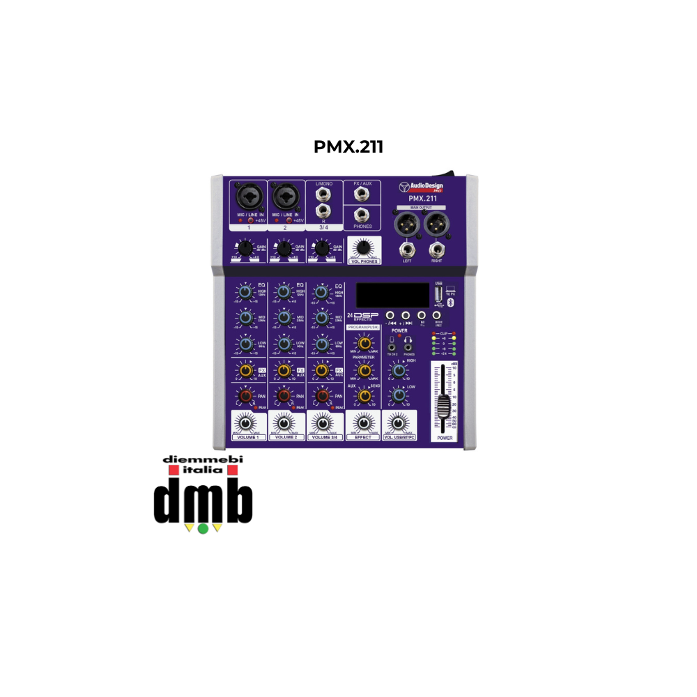 PMX.211 - AUDIO DESIGN PRO - Mixer professionale 2 canali mono + 1 stereo - USB/BT/PC - 24 effetti con DSP