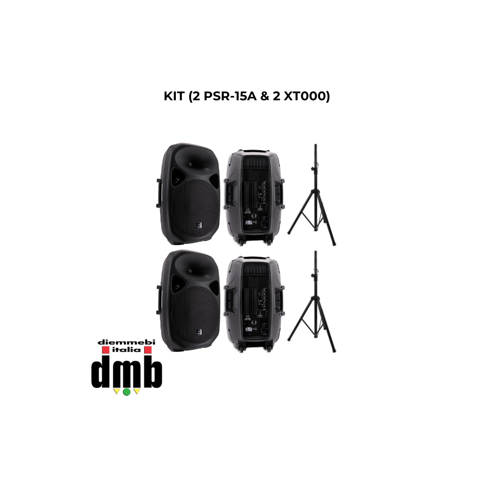 SINEXTESIS - KIT PSR-15A & XT000 - Coppia di Diffusori Attivi 500W musicali (LF 15" + HF 1") con supporti