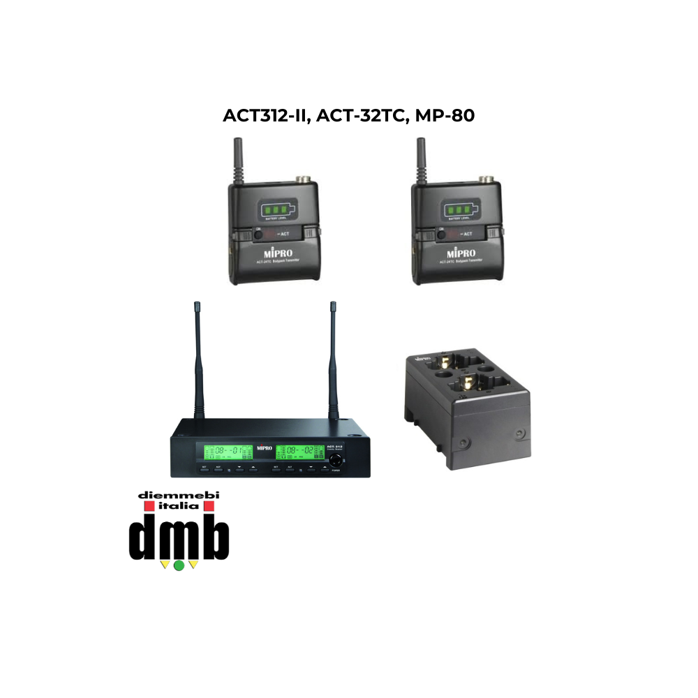 MIPRO - ACT312-II, ACT-32TC, MP-80 - Kit ricevitore, trasmettitori e caricabatterie