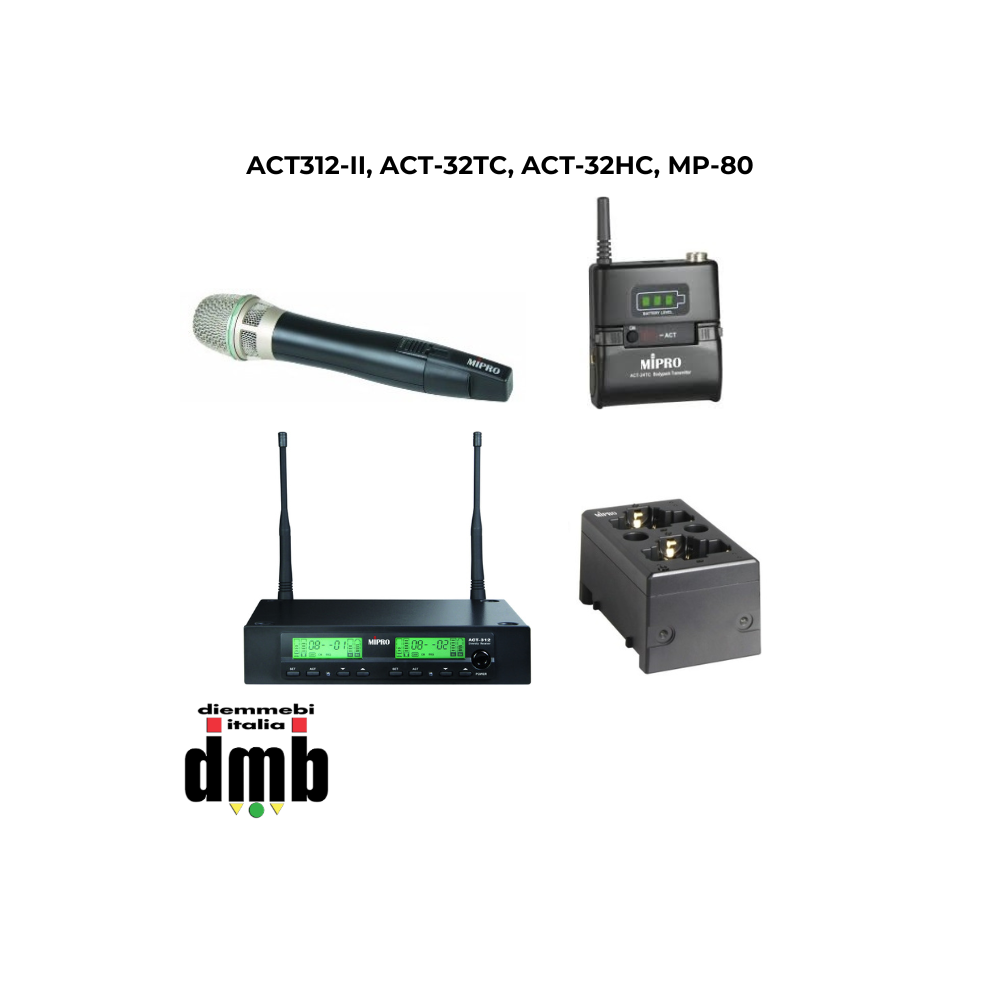MIPRO - ACT312-II, ACT-32TC, ACT-32HC, MP-80 - Kit ricevitore, trasmettitori e caricabatterie