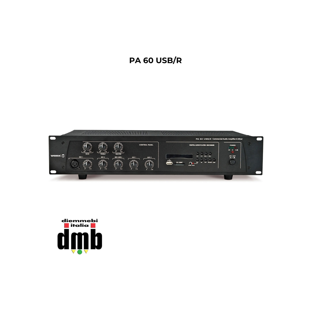 WORK - PA 60 USB/R - Mixer amplificatore audio da 60 W RMS su 8 Ohm, L25 / 70 / 100V con Interfaccia USB / MP3