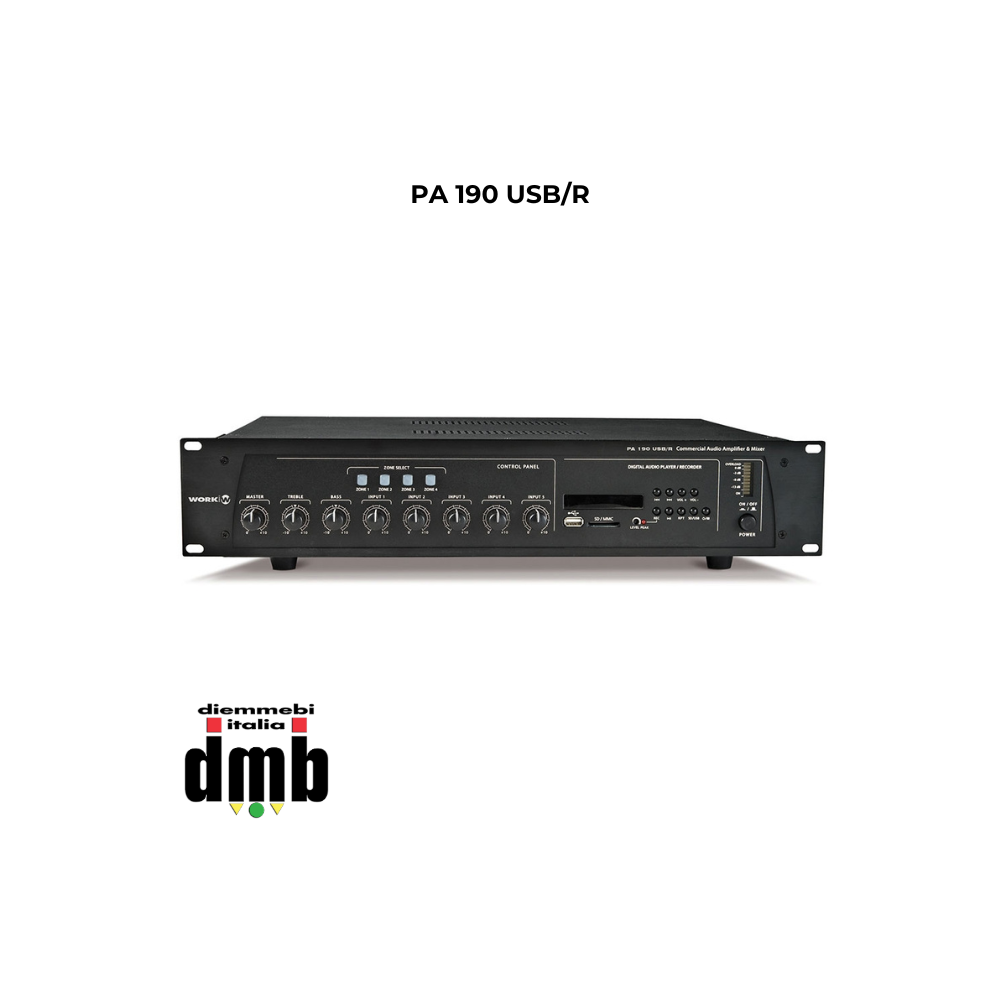 WORK - PA 190 USB/R - Mixer amplificatore audio da 180W @ 4/8/16 Ohm, L25 / 70 / 100V con Interfaccia USB / MP3