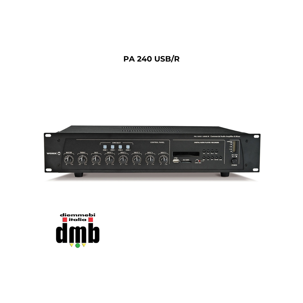 WORK - PA 240 USB/R - Mixer amplificatore audio da 240 W @ 4/8/16 Ohm, L25 / 70 / 100V con Interfaccia USB / MP3