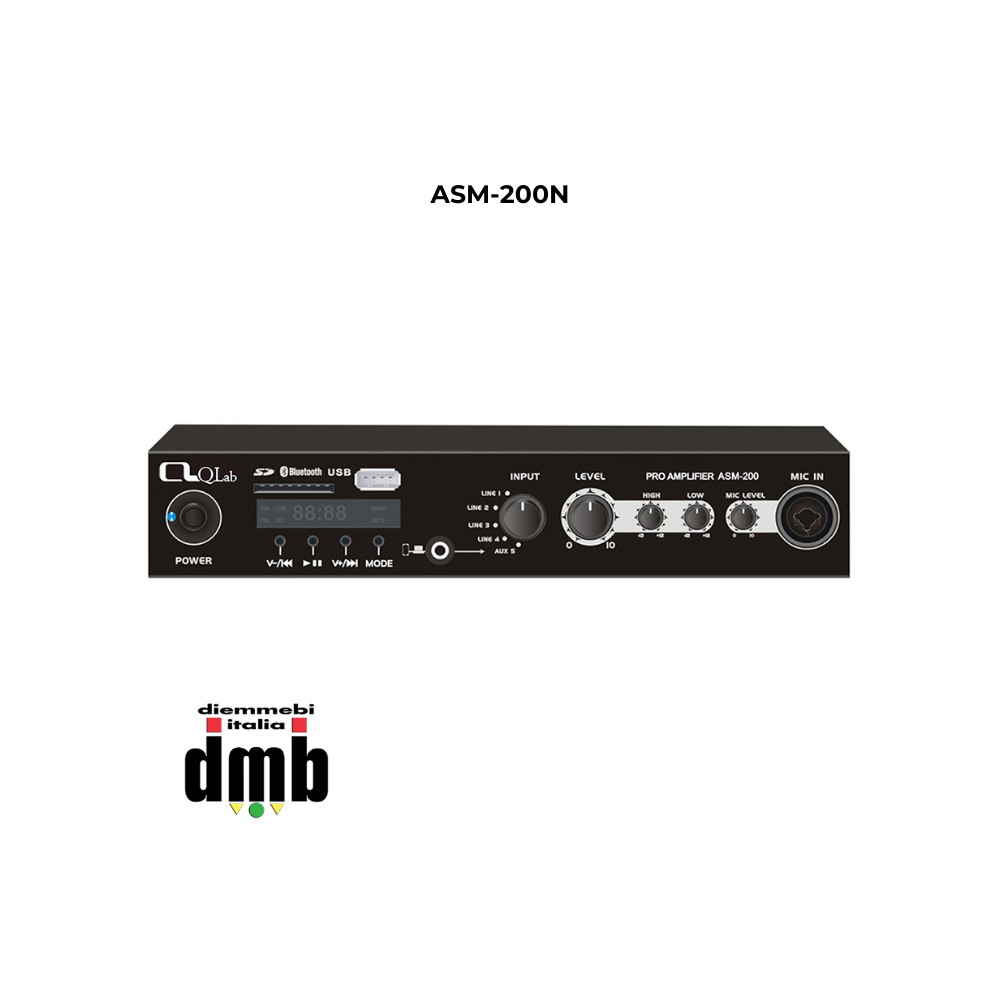 QLAB - ASM-200N - Ampliﬁcatore/Mixer digitale Stereo compatto Multiuso con Bluetooth e lettore MP3 su USB /SD card