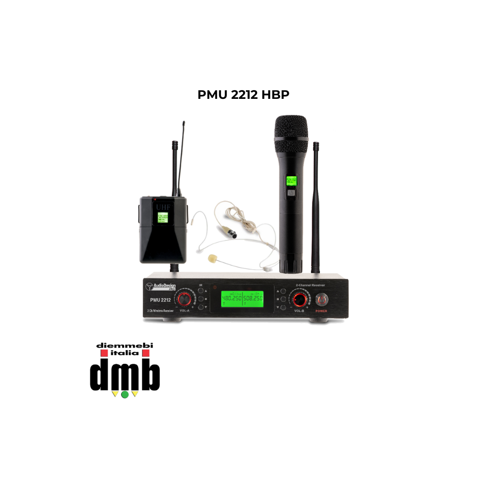 AUDIODESIGN PRO - PMU 2212 HBP - Sistema wireless UHF 2 canale , 1 archetto beige + 1 palmare con 100 frequenze