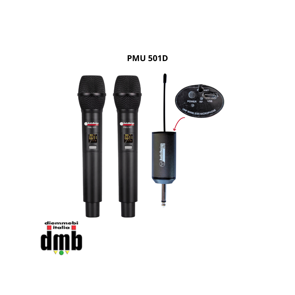 AUDIODESIGN PRO - PMU 501D - 2 Microfoni Wireless UHF, 48 Ch, con ricevitore su Jack