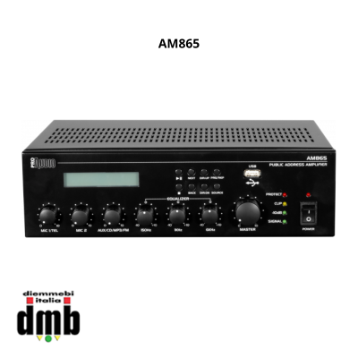 PROAUDIO - AM865 - Amplificatore mixer 60W 4 Ohm 70/100V con lettore MP3/USB, FM