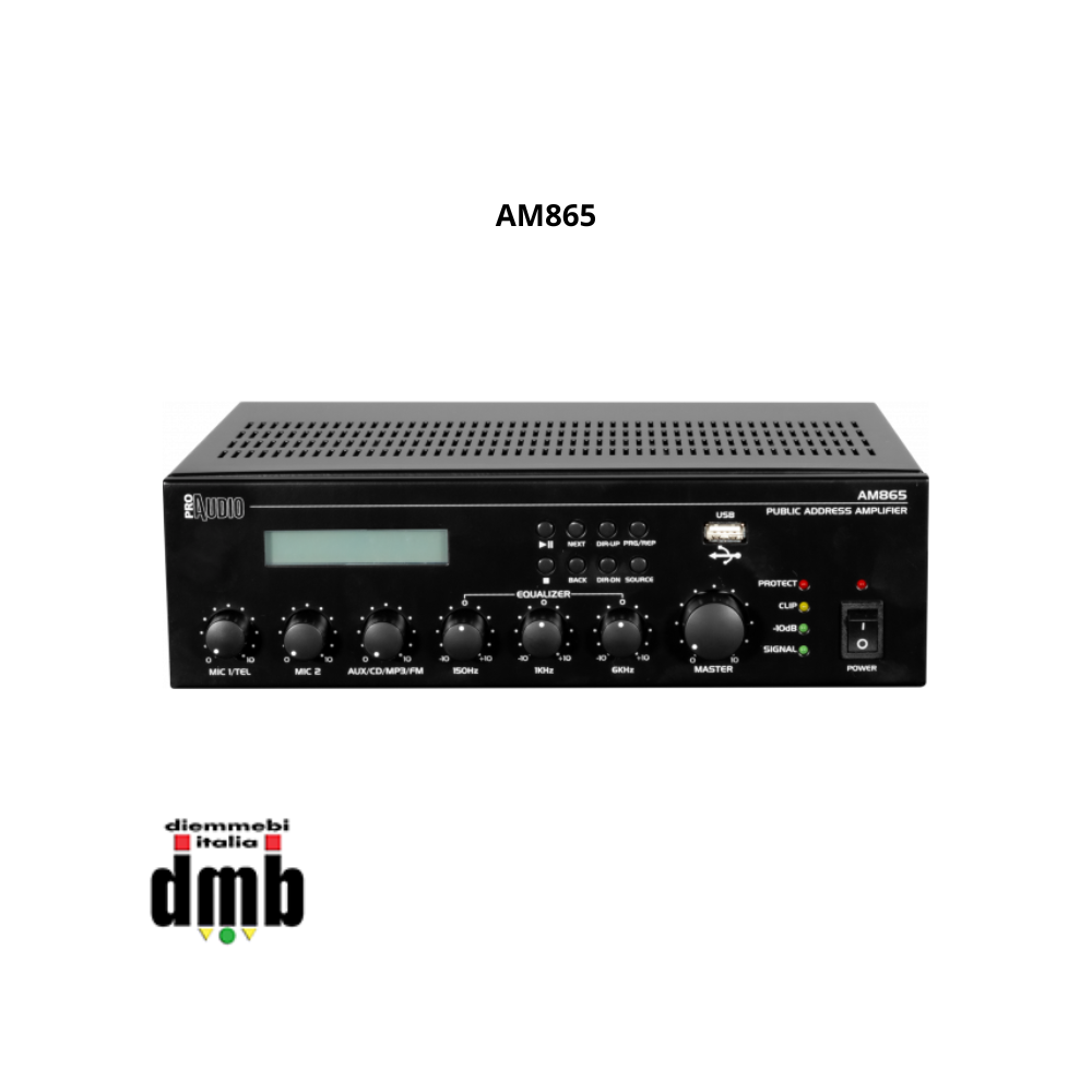 PROAUDIO - AM865 - Amplificatore mixer 60W 4 Ohm 70/100V con lettore MP3/USB, FM