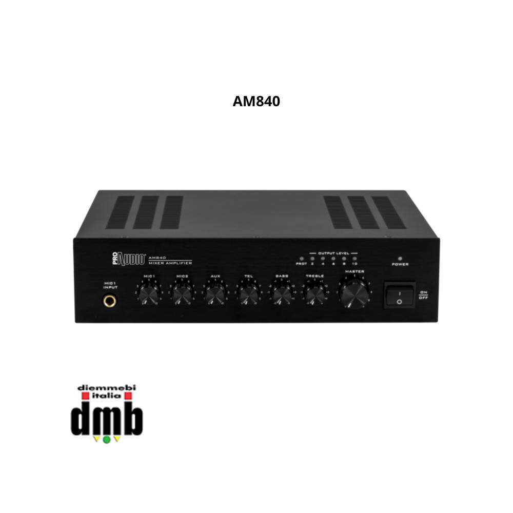 PROAUDIO - AM840 - Amplificatore mixer 40W 4 Ohm 70/100V 4 ingressi Mic1 48V Phantom