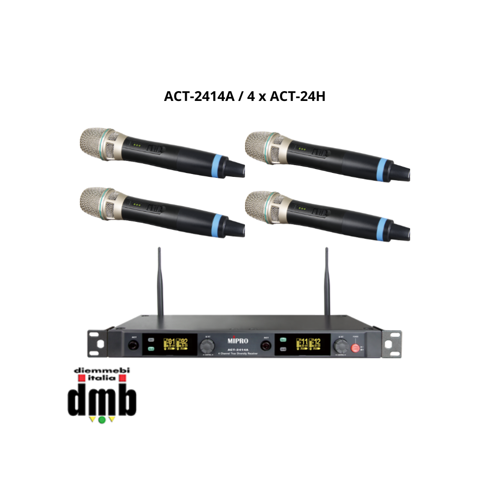 MIPRO - KIT ACT-2414A/1 - Kit radiomicrofonico con Ricevitore quadruplo ACT 12 canali + 4 Trasmettitori con impugnatura