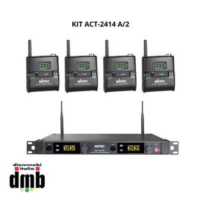 MIPRO - KIT ACT-2414 A/2 - Kit radiomicrofonico con Ricevitore quadruplo ACT 12 canali + 4 Trasmettitori belt pack