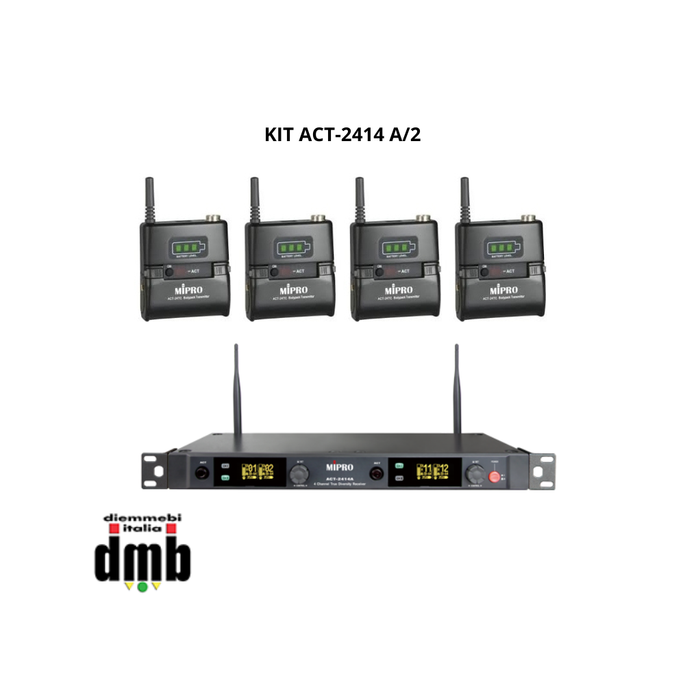 MIPRO - KIT ACT-2414 A/2 - Kit radiomicrofonico con Ricevitore quadruplo ACT 12 canali + 4 Trasmettitori belt pack