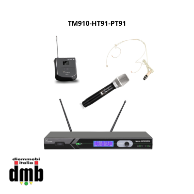 TSYMBOLS - TM910-HT91-PT91 - Ricevitore Diversity con Trasmettitore palmare HT-91, bodypack e archetto, UHF Dual CH.