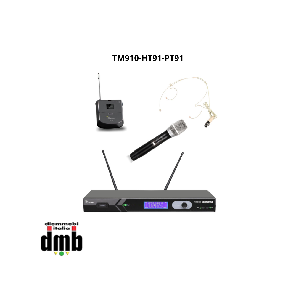 TSYMBOLS - TM910-HT91-PT91 - Ricevitore Diversity con Trasmettitore palmare HT-91, bodypack e archetto, UHF Dual CH.