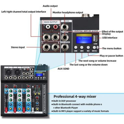 SINEXTESIS - F4-MB - 4-channel MP3 USB BT audio mixer with analog effect