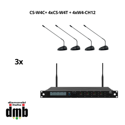 JTS - 3x CS-W4C+CS-W4T + W4-CH12 - Conference system wireless con Trasmettitore + 4 Microfoni + Caricatore a 12 slot, per CS-W4C