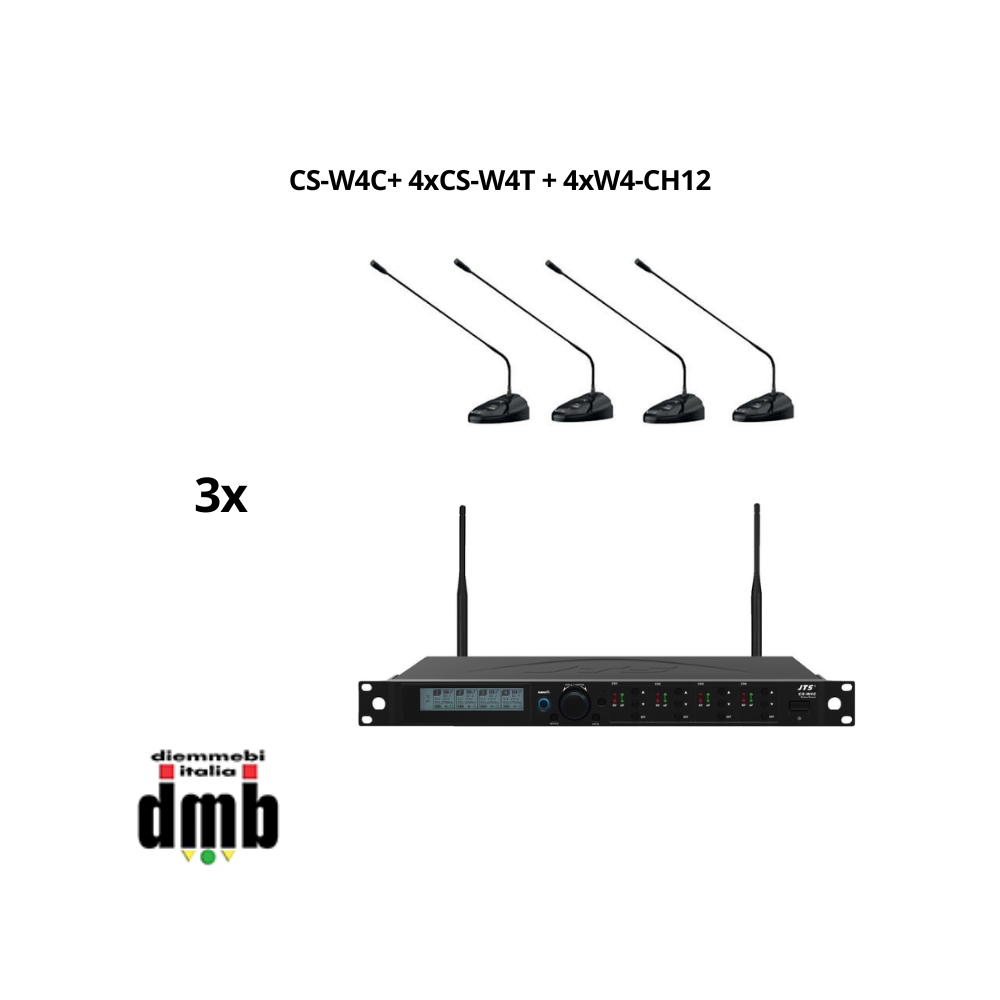 JTS - 3x CS-W4C+CS-W4T + W4-CH12 - Conference system wireless con Trasmettitore + 4 Microfoni + Caricatore a 12 slot, per CS-W4C