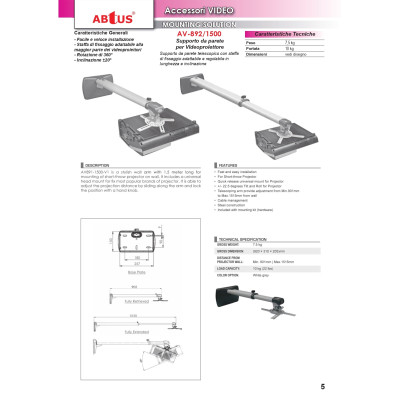 ABTUS - AV-892/1500 - Supporto staffa universale da parete per vidoeproiettore 150 cm