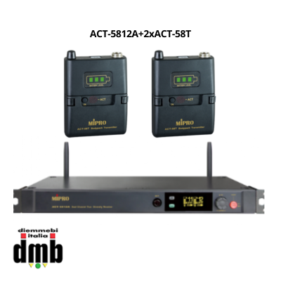 Kit 3 MIPRO ACT-5812A + 2 ACT-58T - Sistema wireless a 5,8GHz con ricevitore doppio e Trasmettitore Beltpack professionali