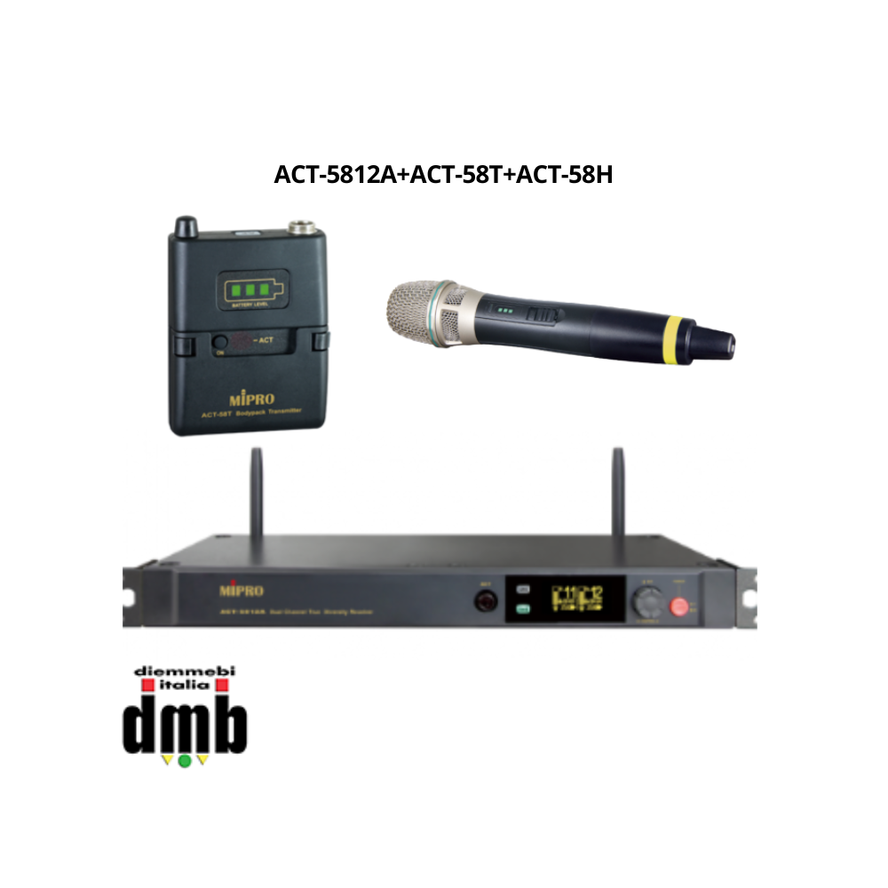 Kit 5 - MIPRO ACT-5812A + ACT-58T + ACT-58H - Sistema wireless ricevitore,beltpack e palmare