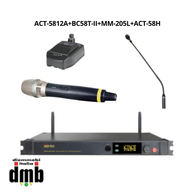 Kit 9 - MIPRO ACT-5812A+BC58T-II+MM-205L+ACT-58H - Sistema wireless con ricevitore doppio, base, microfono gooseneck e palmare