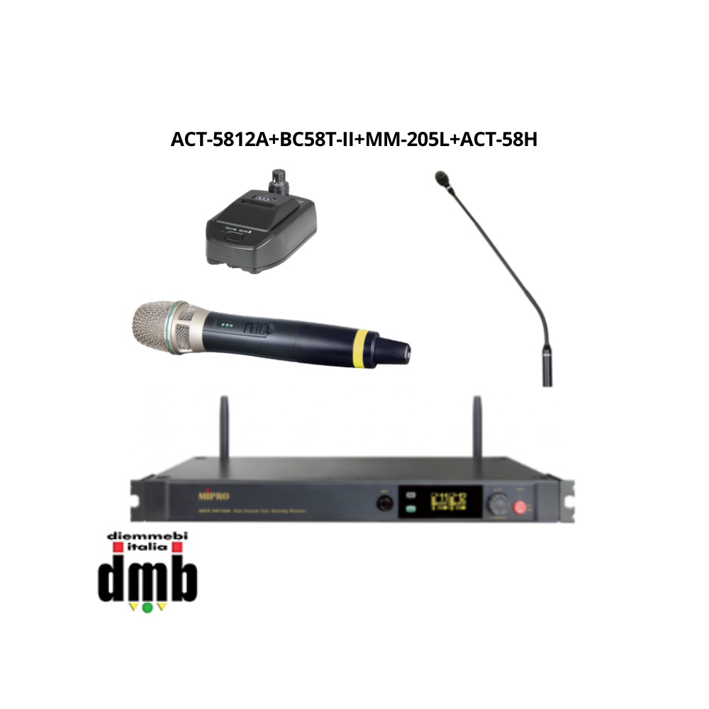 Kit 9 - MIPRO ACT-5812A+BC58T-II+MM-205L+ACT-58H - Sistema wireless con ricevitore doppio, base, microfono gooseneck e palmare