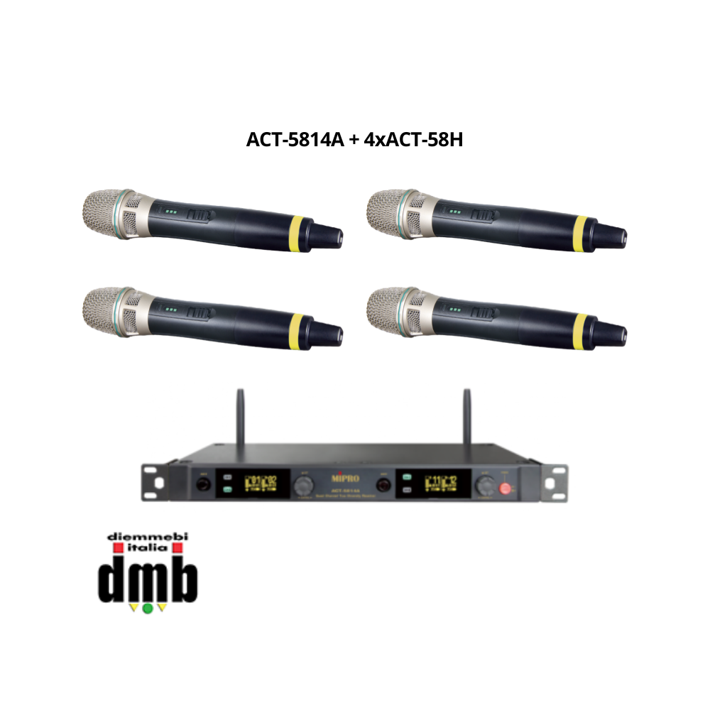 Kit 10 - MIPRO ACT-5814A+4 ACT-58H - Sistema wireless a 5,8GHz con ricevitore quadruplo e 4 trasmettitori palmari professionali