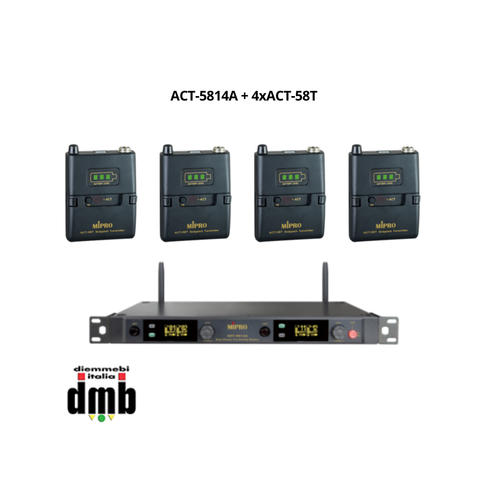 Kit 11 - MIPRO ACT-5814A+4 ACT-58T - Sistema wireless a 5,8GHz con ricevitore quadruplo e 4 trasmettitori beltpack