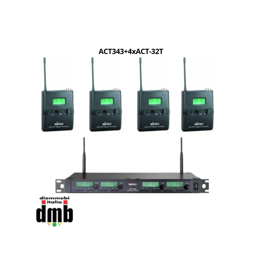 Kit 13 - MIPRO - ACT343+4xACT-32T - Ricevitore quadruplo ACT 72+12 canali UHF + 4 Trasmettitore beltpack