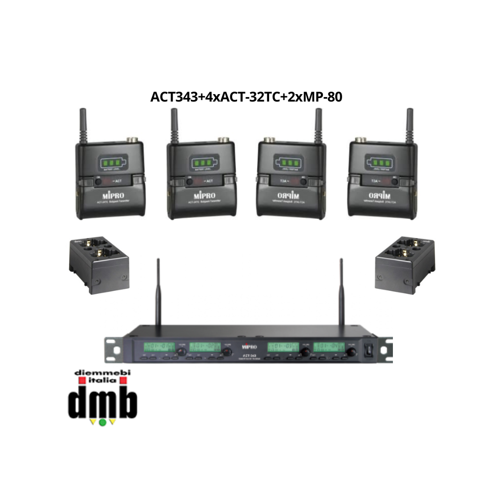Kit 14 - MIPRO - ACT343+4xACT-32TC+2xMP-80 - Ricevitore quadruplo ACT + 4 Trasmettitori beltpack con Batteria ricaricabile