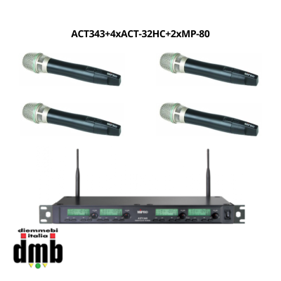 Kit 15 - MIPRO - ACT343+4xACT-32HC+2xMP-80 - Ricevitore quadruplo ACT + 4 Trasmettitori beltpack con Batteria ricaricabile
