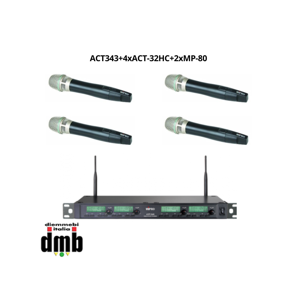 Kit 15 - MIPRO - ACT343+4xACT-32HC+2xMP-80 - Ricevitore quadruplo ACT + 4 Trasmettitori beltpack con Batteria ricaricabile
