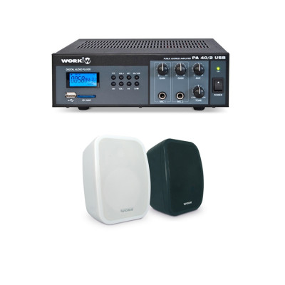 WORK - PA 40/ NEO 4 - Kit per PA: Amplificatore mixer da 15 W USB/SD + 1 Coppia di altoparlanti