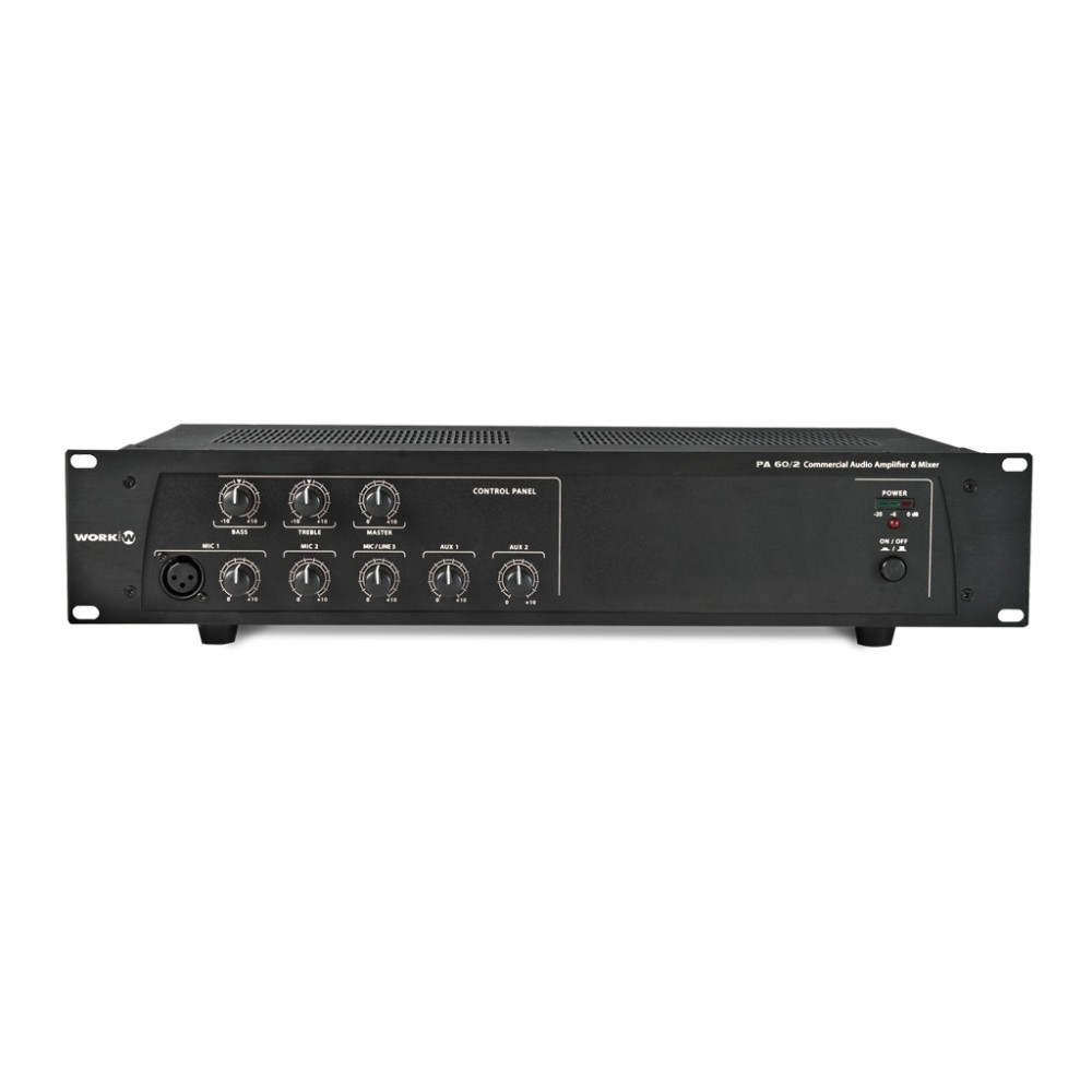WORK - PA 60/2 - Amplificatore da installazione con mixer integrato da 60 W RMS su 8 Ohm, L25 / 70 / 100V