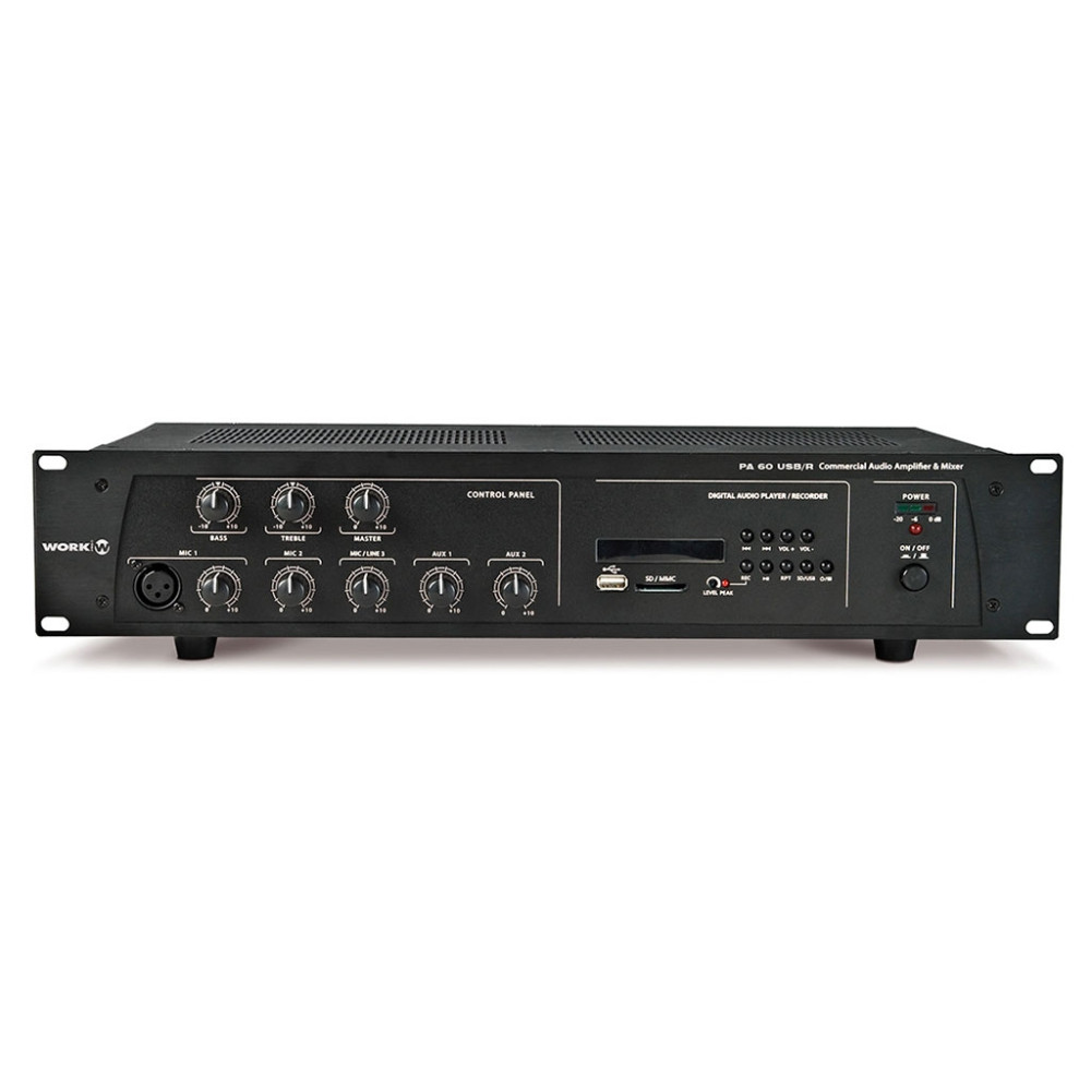 WORK - PA 60 USB/R - Mixer amplificatore audio da 60 W RMS su 8 Ohm, L25 / 70 / 100V con Interfaccia USB / MP3