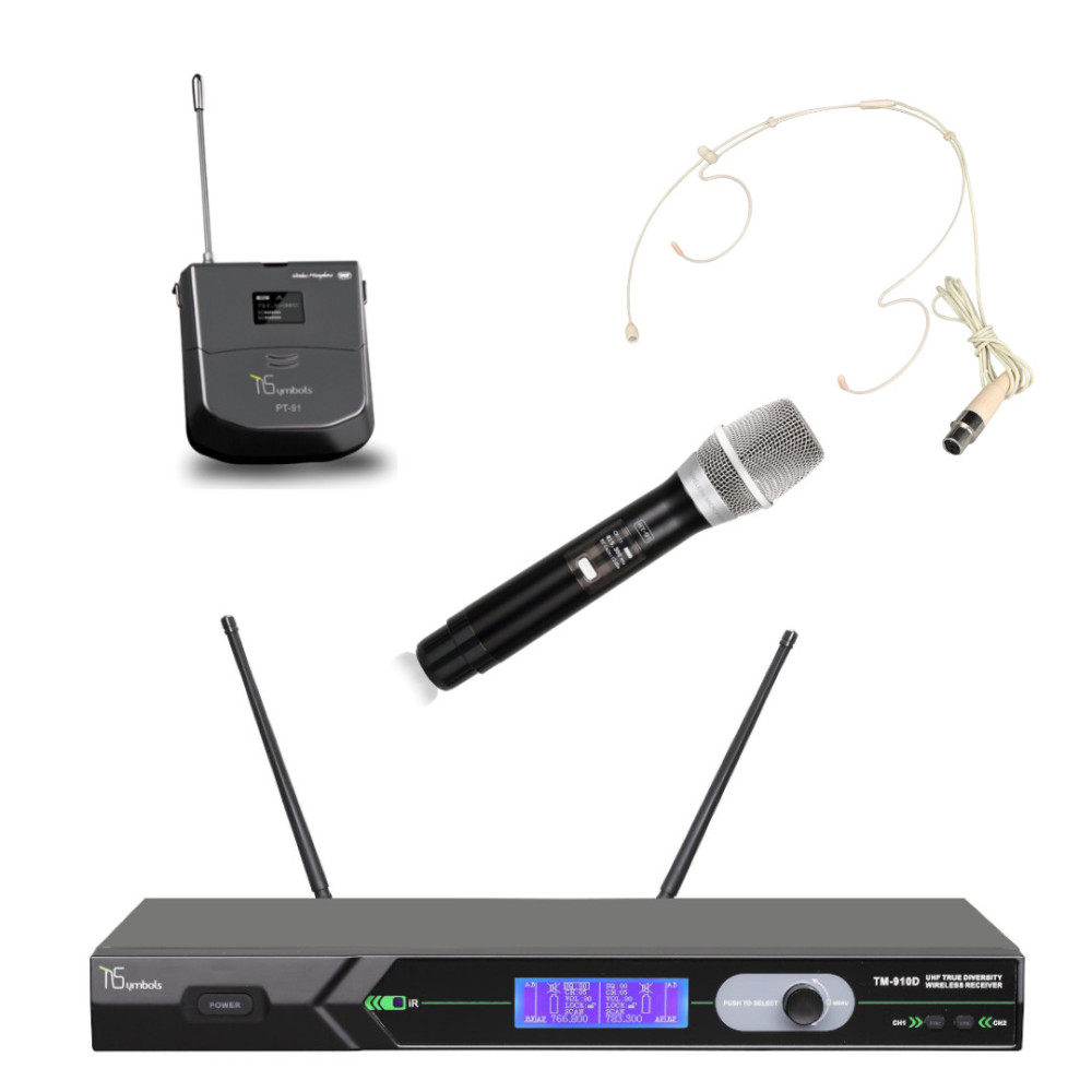 TSYMBOLS - TM910-HT91-PT91- UHF Dual CH. Diversity receiver with HT-91 handheld trasmitter, bodypack and headband microphone